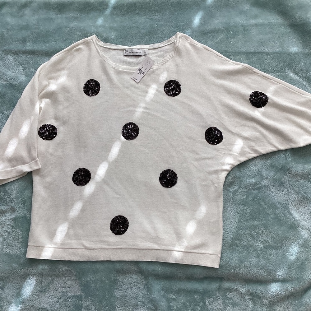 Dressy NY&co ivory sweater with black sequin polka dots